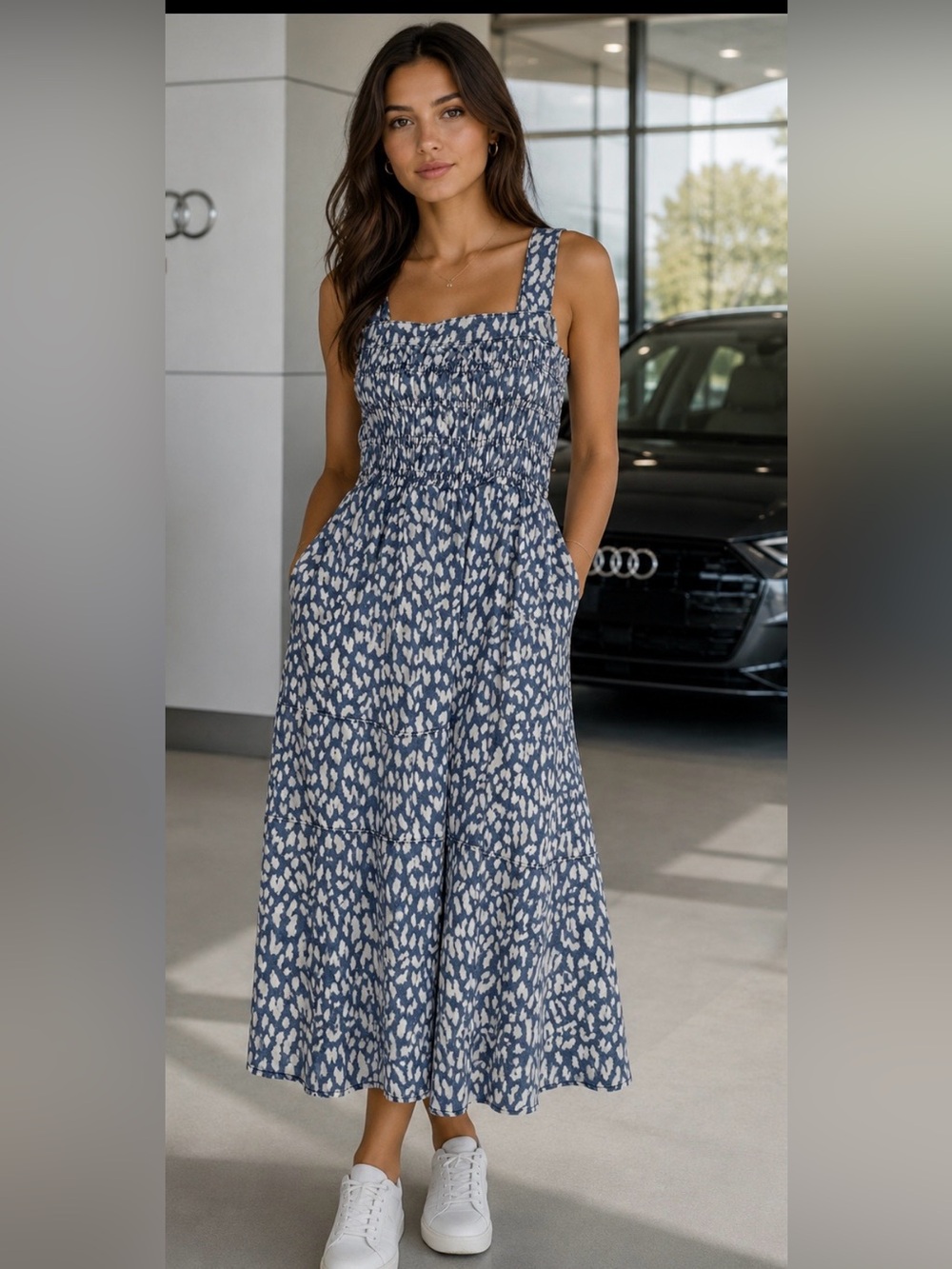ODDI Smocked Square-Neck Blue Printed Maxi Dress